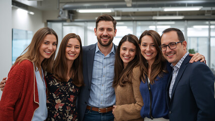 Fototapeta premium Group of six smiling colleagues standing together in an office