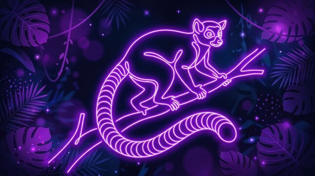Neon glowing illustration of a ring tailed lemur perched on a tree branch against a dark background