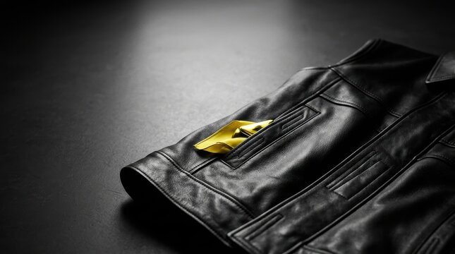 Noir photography with a single vivid yellow accent color featuring a black leather vest with a silk pocket square on a dark atmospheric background.