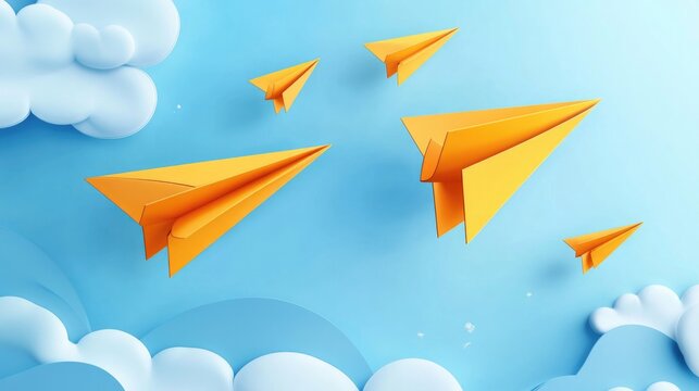 Yellow Paper Airplane icon. Banner template for travel with aircraft and clouds. Send message concept. Email with Bell notification isolated on blue background.