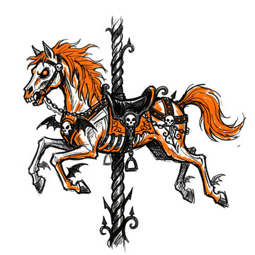 Spooky Halloween carousel horse with skull decorations and bat wings, representing haunted attractions and dark carnival themes, hand-drawn doodle illustration.