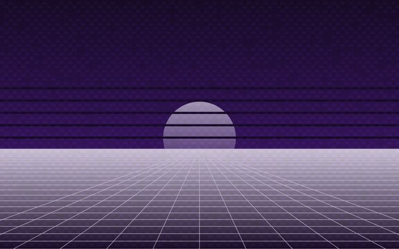 Retrowave horizon landscape featuring purple glowing sun against dark grid background for retro synthwave digital art designs.