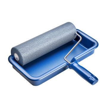 Paint roller and tray are set for a home project in a living room in the afternoon light