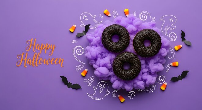 Halloween donuts with purple smoke and candy corn