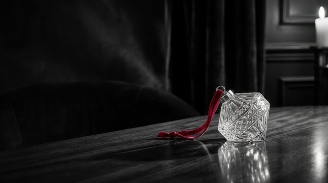 Noir photography with a single vivid red accent color featuring a crystal Christmas ornament with a velvet ribbon on a dark polished wooden table.