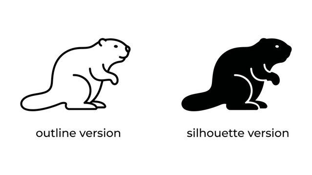Beaver Icon: A simple yet effective illustration depicting a beaver in two distinct styles: a clean outline and a solid silhouette, perfect for representing the animal or its related concepts.