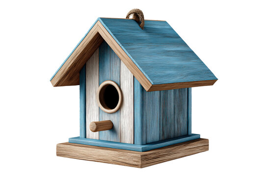 Birdhouse made of wood in blue and brown colors sits on a white background