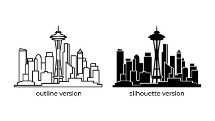 Fototapeta premium Seattle Cityscape Icons: A dual representation of the Seattle skyline, showcasing both an outline and silhouette version of its iconic architecture, perfect for graphic design projects.