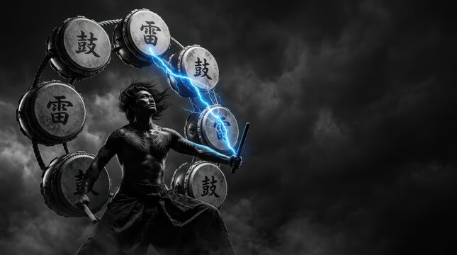 Noir photography with a single vivid accent color of blue lightning striking through a Japanese warrior god with taiko drums in a dramatic stormy atmosphere.