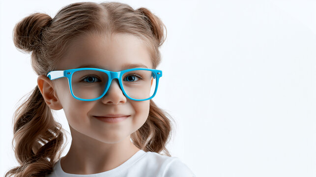Kleines M&auml;dchen mit blauer Brille l&auml;chelt vor wei&szlig;em Hintergrund
