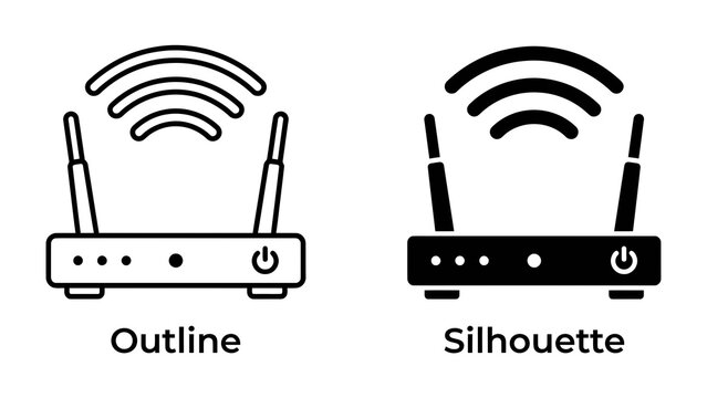 Wi-Fi Router Outline and Silhouette: Two stylized icons represent a wireless router, one in an outline design and the other as a solid silhouette, both emitting Wi-Fi signals.
