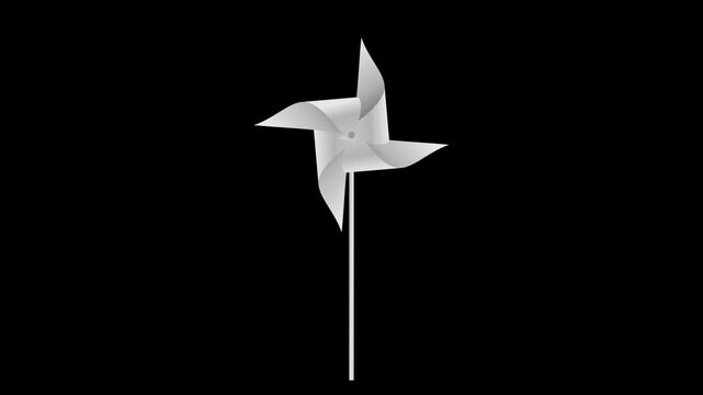 animation of a paper pinwheel spinning faster and faster, on alpha channel black background.
