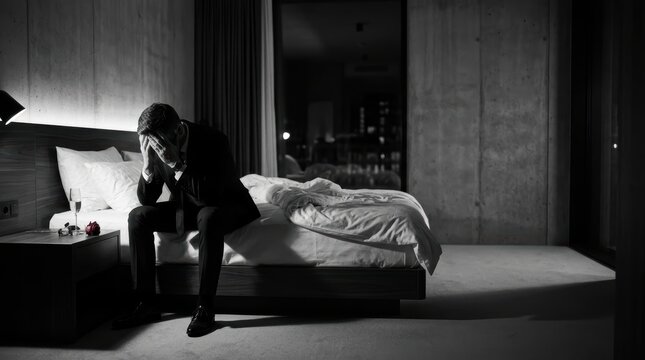 Depressed man in a suit sitting on a bed in a dark room, noir photography with a single vivid red rose accent color.