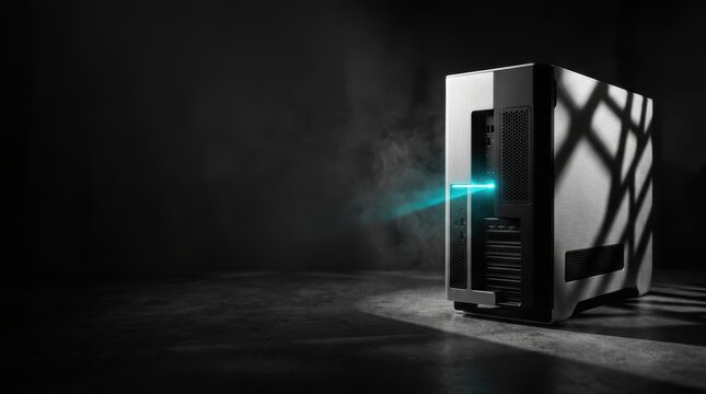Modern computer tower in dark cinematic setting, noir photography with a single vivid accent color of glowing cyan light and dramatic window shadows.