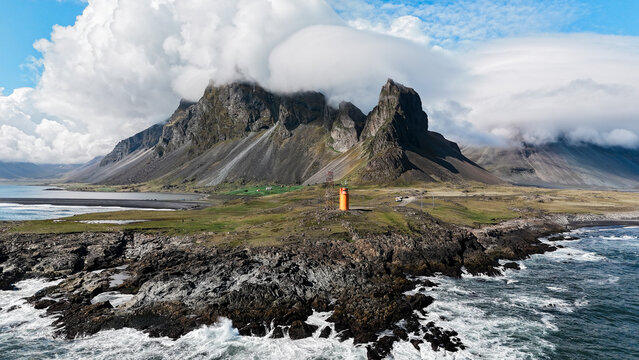 Aerial View of Lighthouse and Icelandic Coast