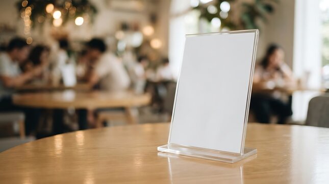 Blank menu stand on a wooden table in a busy coffee shop
