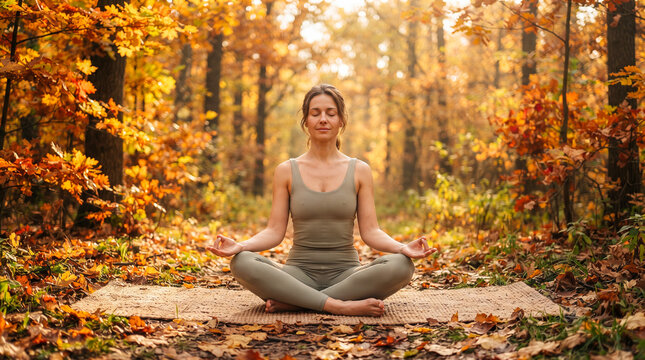 Mujer practicando yoga en un bosque oto&ntilde;al, rodeada de hojas doradas y naturaleza, concepto de mindfulness, bienestar, equilibrio y relajaci&oacute;n.