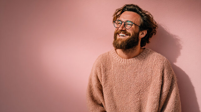 Smiling bearded man in pink sweater standing against plain pink background