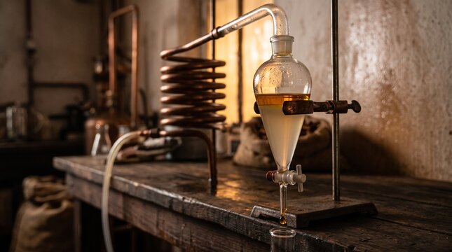Fresh cinnamon oil separates in a copper distillery