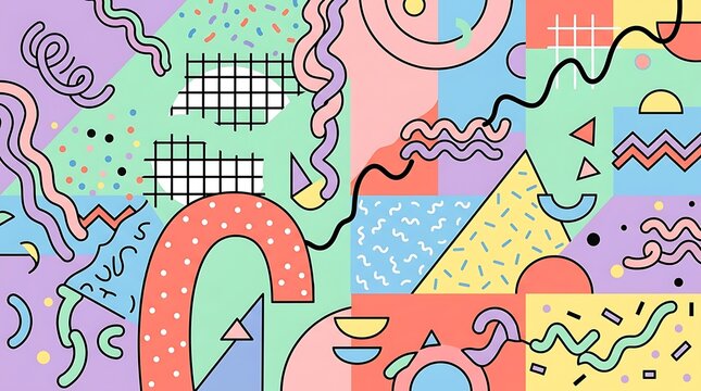 Vibrant memphis design pattern with retro geometric shapes and lines