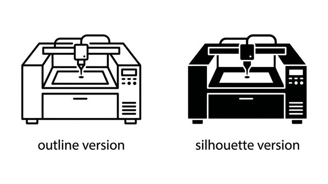 Laser Cutter Machine Icon: Two versatile icons representing a laser cutting machine, one in outline and the other as a silhouette, perfect for representing industrial processes and modern technology.