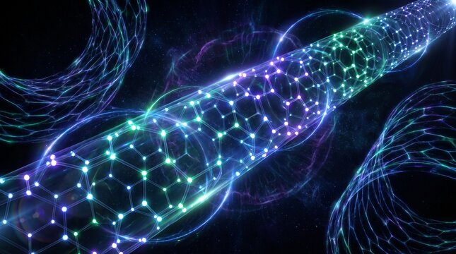 Abstract visualization of carbon nanotubes with glowing molecular structures in deep space.
