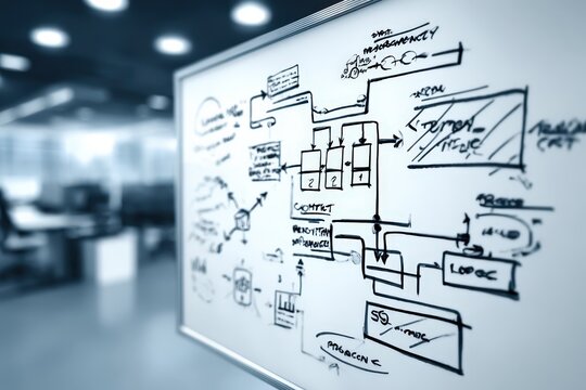 Complex Business Workflow Process Flowchart Drawn With Black Marker On A Whiteboard In Modern Office