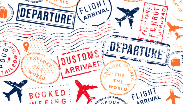 Seamless pattern with various travel stamps, airplane icons, and postmarks
