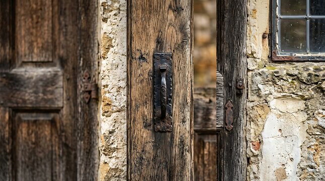 Close up of a weathered wooden door with antique iron handle