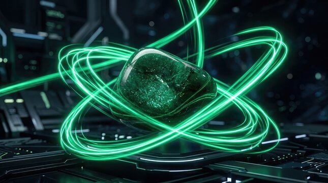 Abstract digital background featuring a glowing green atom structure floating above a complex dark computer circuit board