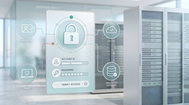 Cybersecurity login interface with server racks and digital security icons