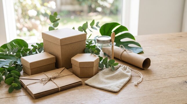 Eco friendly gift boxes and packages wrapped in brown recycled paper decorated with green leaves on a wooden table surface