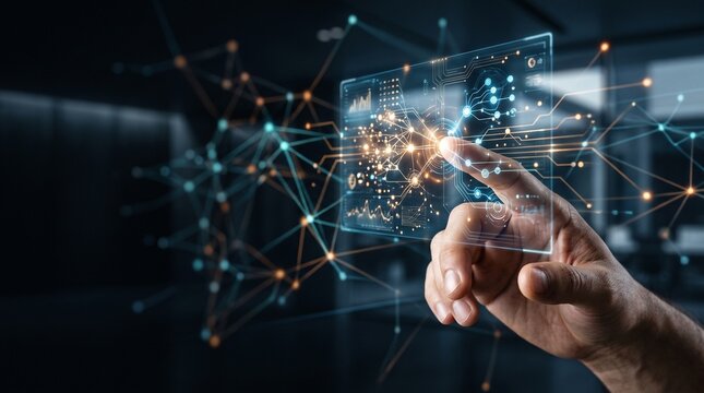 A person interacting with a glowing digital network interface representing advanced technology and data connectivity in a dark office environment