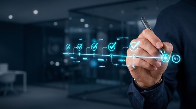 A business professional interacting with a futuristic digital interface showing various checkmark icons representing quality assurance and task completion success