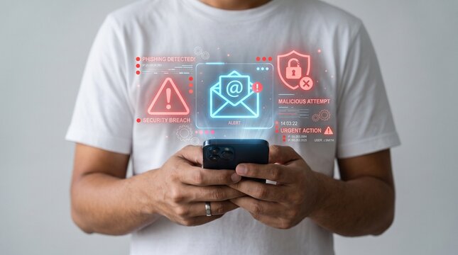 A man using a smartphone displaying digital holographic icons representing email security threats and protection against malicious phishing cyber attacks