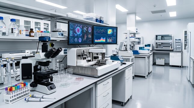Modern professional laboratory interior featuring advanced scientific equipment microscope computer screens and clean workspace for medical research and development projects