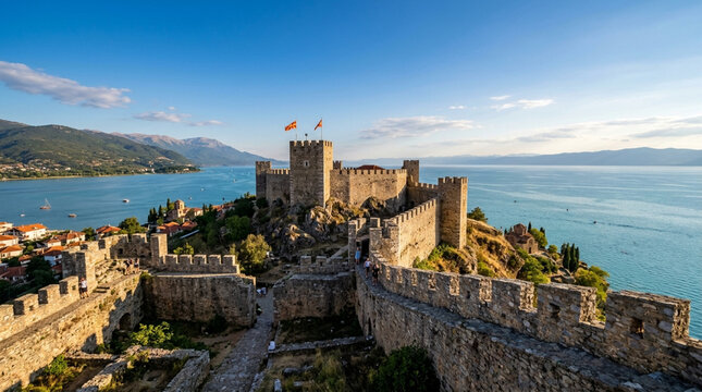 Ancient Fortress Overlooking Serene Lake and Mountain Landscape, Ohrid, North Macedonia