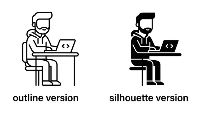 Developer at Work: Two icon styles, outline and silhouette, depict a man intently coding on a laptop, representing programming and software development.