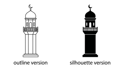 Obraz premium Minaret Icon Set: A comparison of two minaret designs, one rendered as a clean outline and the other as a solid silhouette, both featuring a dome and crescent moon finial.