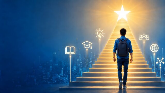 Career development and educational journey concept featuring a student walking up illuminated stairs towards a glowing star of success amid digital learning icons
