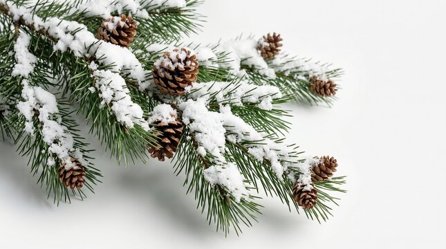 Green pine branch with pinecone covered in white snow. Traditional botanical element for Christmas decoration. Festive winter background for holiday greeting card and seasonal design.