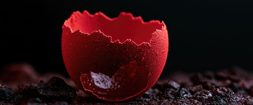 A cracked red eggshell rests on dark, textured ground, symbolizing fragility and new beginnings.