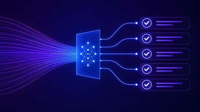 Data processing automation workflow filtering complex information streams into organized completed tasks using neural network architecture