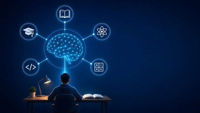 Artificial intelligence in education concept showing a student studying with a glowing digital brain projecting advanced STEM learning icons