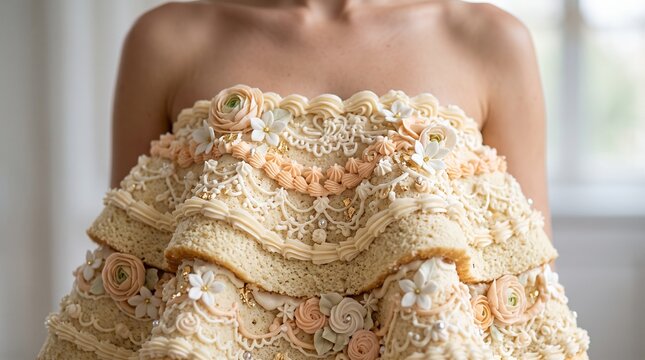 Macro photo of woman wearing cake dress 2k showing woman's features showing delicate skin pores natural beauty details and high-resolution skin texture with professional studio lighting