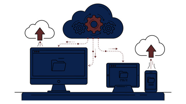 Cloud computing and multi device data synchronization concept with gears and network connection