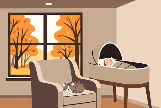 Peaceful nursery scene with a sleeping baby in a cradle and a cat resting on a chair near a window showing autumn trees.