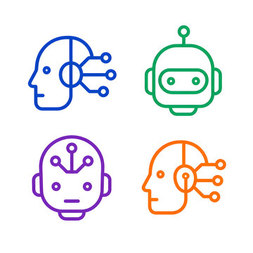 Artificial Intelligence and Robot Head Outline Icons Set in Colorful Neon Line Art on Black Background