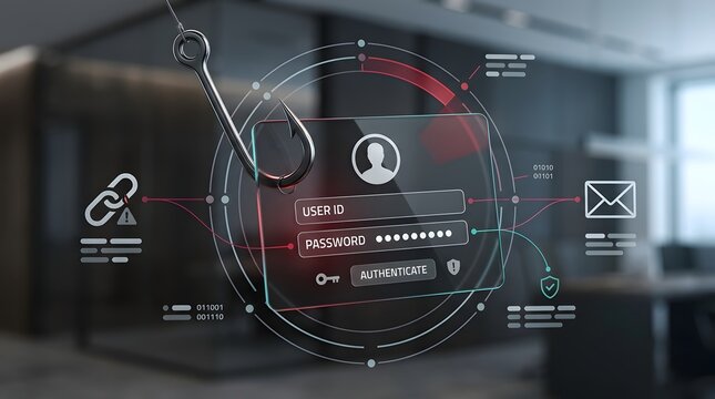 Fishing hook over digital login screen with cyber security icons