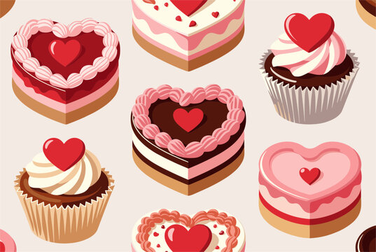 Seamless pattern of various Valentine treats including heart shaped cakes, cupcakes with hearts, and sweet desserts in a flat vector style.